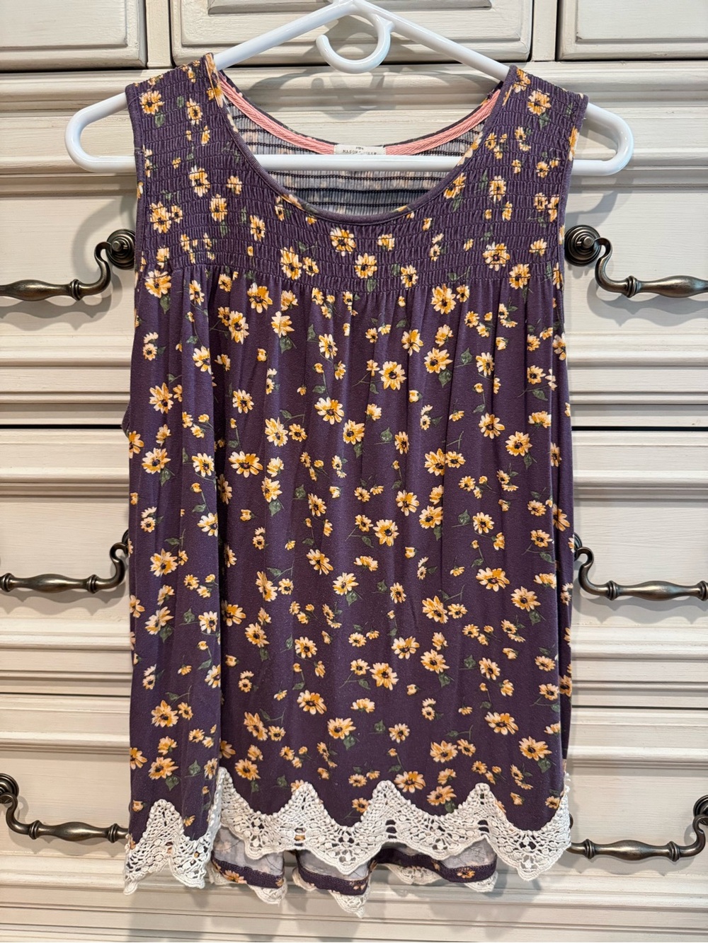 Women’s Purple Floral Sleeveless Top with Lace Trim